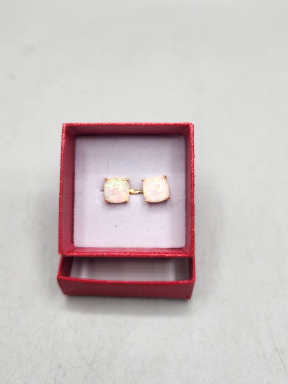 Synthetic Small Opal Drop Earrings Square Gold Tone Metal New in Box